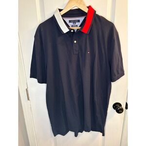 Tommy Hilfiger Mens XXL Polo Shirt Navy Blue Custom Fit Colorblock Collar Pique